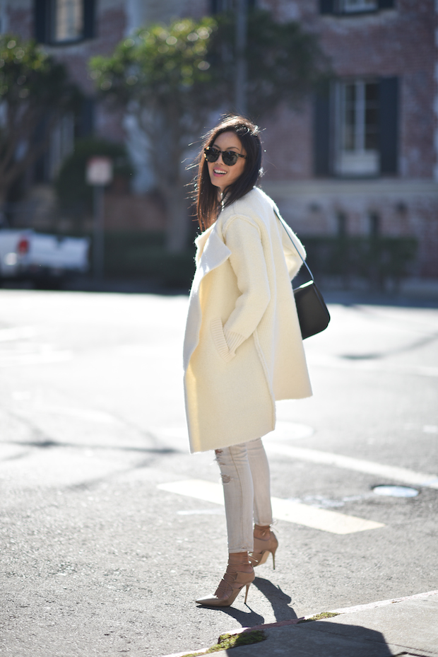 Burberry coat, current elliott jeans, jimmy chop lace-up heels