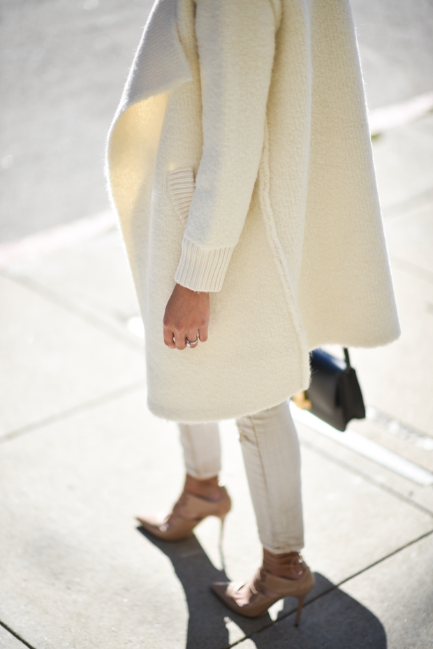 Burberry coat, current elliott jeans, jimmy chop lace-up heels